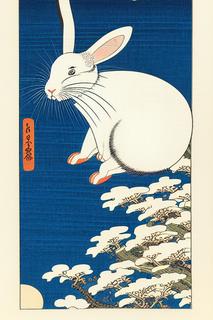 an ukiyo-e style woodblock print of the rabbit in the moon, by katsushika hokusai and kawase hasui -s75 -b1 -W512 -H768 -C14.0 -mk_euler_a -S3022922140